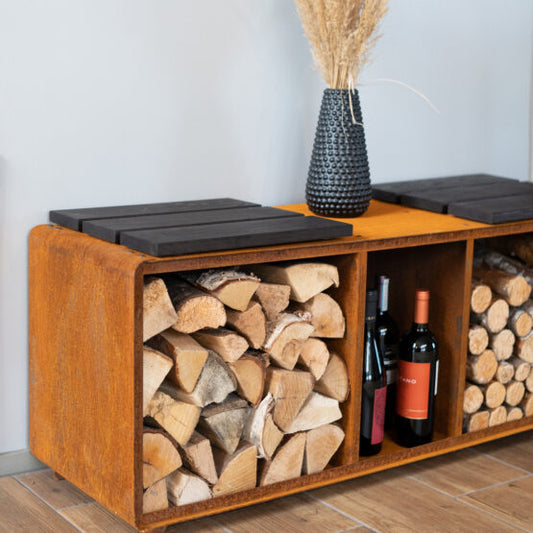 Enzo L Corten Steel Firewood Rack – Designer Log Holder with Bench Function