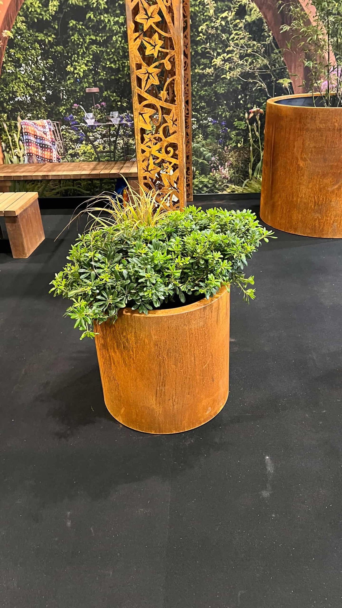 Henley Cylindrical Planter Rustic Patina Steel Outdoor Garden Planter