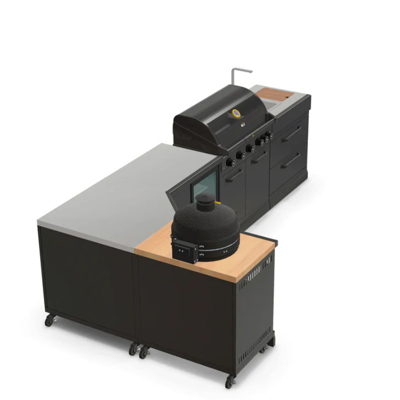 GRLLR Connect Outdoor L Shaped Kitchen, Sink, 5 Burner Stove, Fridge and Kamado Grill