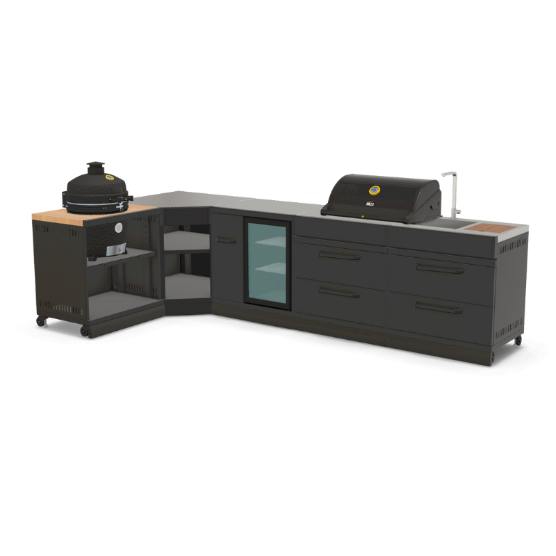 GRLLR Connect Outdoor L Shaped Kitchen, Sink, 5 Burner Stove, Fridge and Kamado Grill