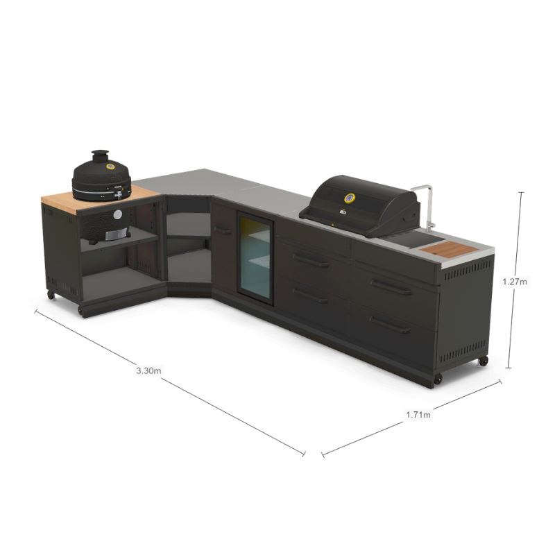 GRLLR Connect Outdoor L Shaped Kitchen, Sink, 5 Burner Stove, Fridge and Kamado Grill