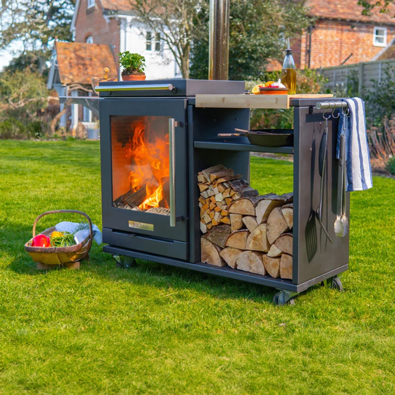 BBQube Grill and Heater with Log Store and Table