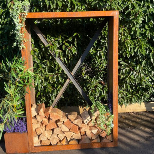 Square Corten Steel Logstore – Handmade British Outdoor Firewood Storage
