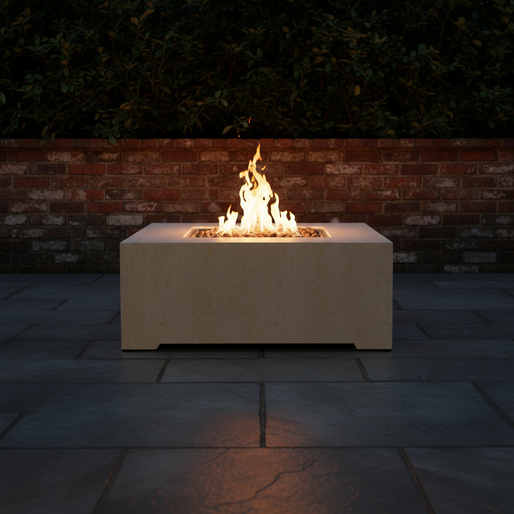 Square speckled stone fire table night