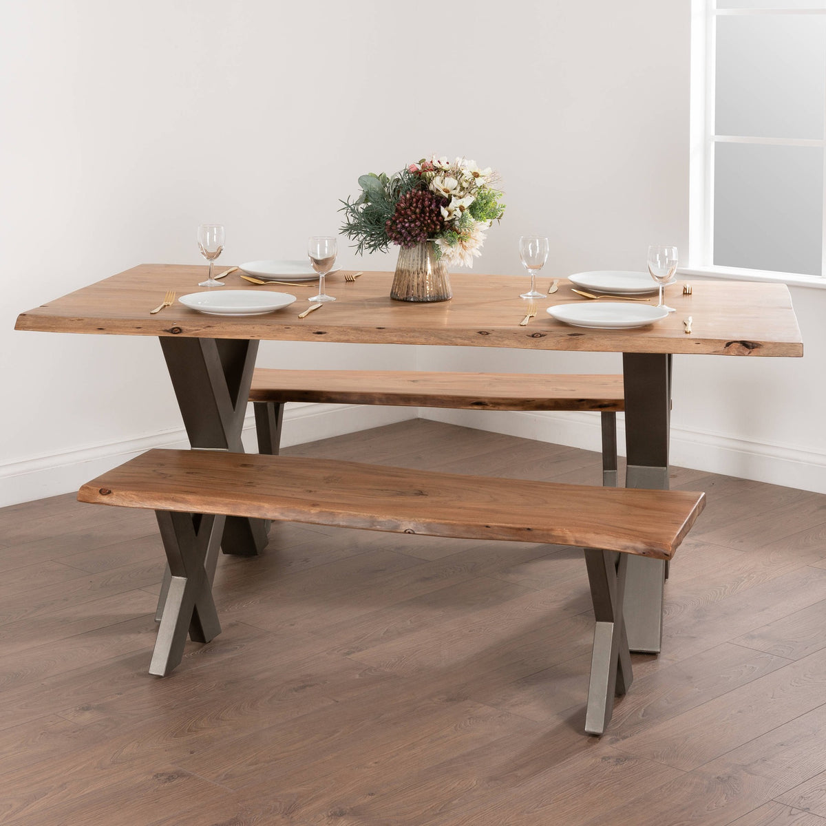 Live Edge Acacia Wood Bench with Grey Metal Frame