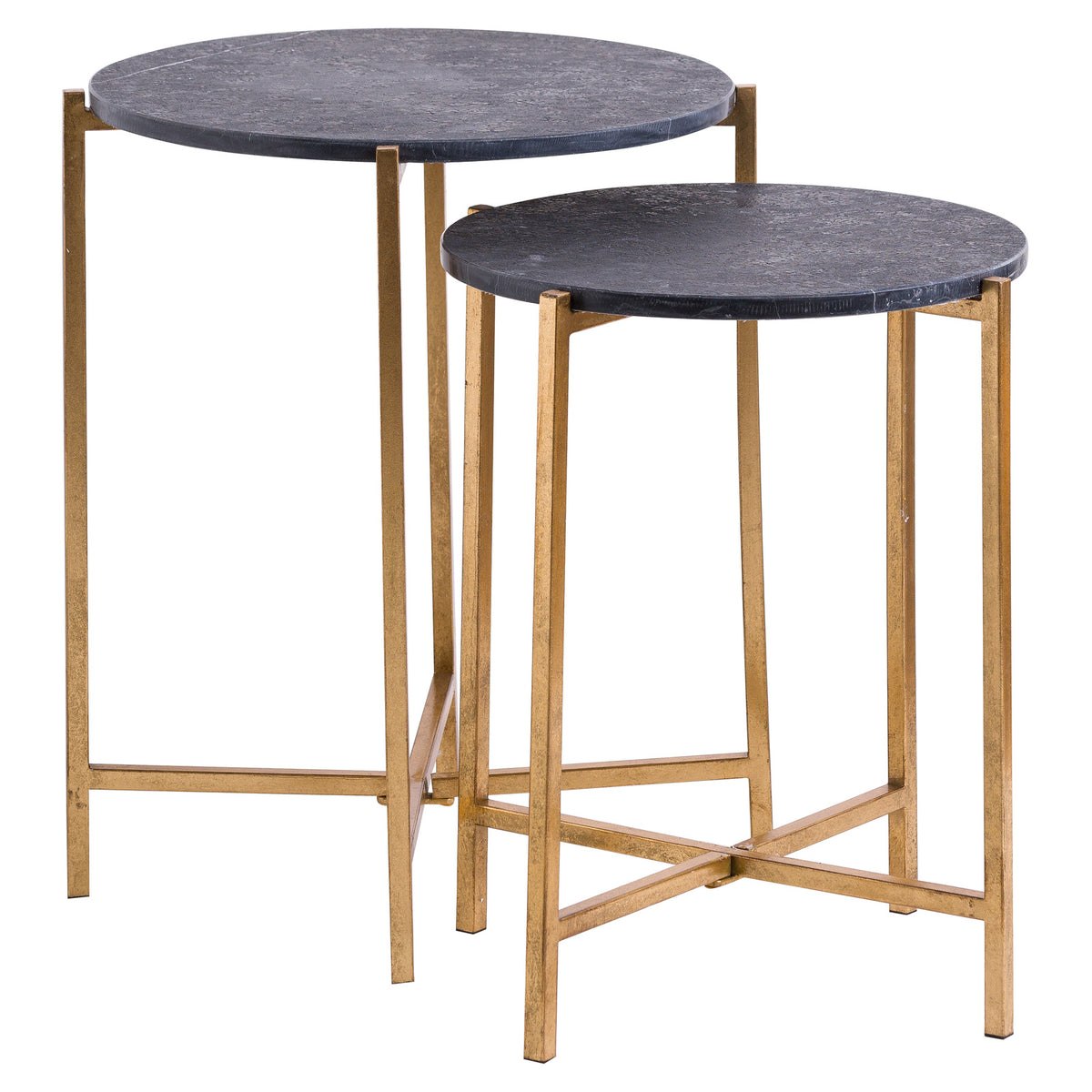 Set Of 2 Gold And Black Marble Tables with Nesting Design