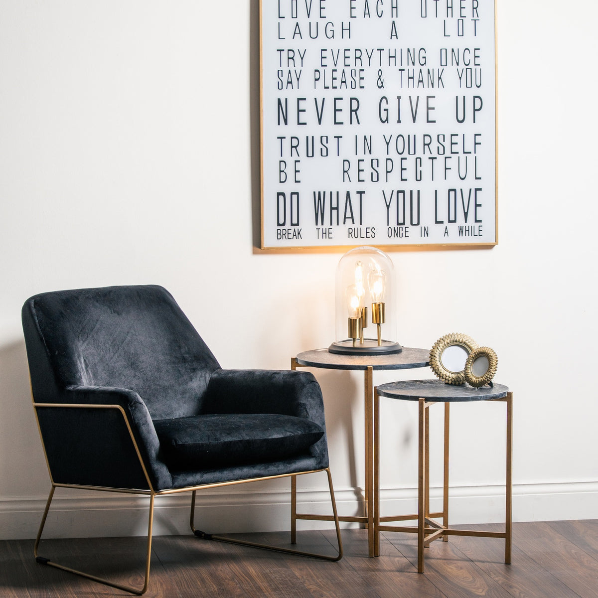 Set Of 2 Gold And Black Marble Tables with Nesting Design