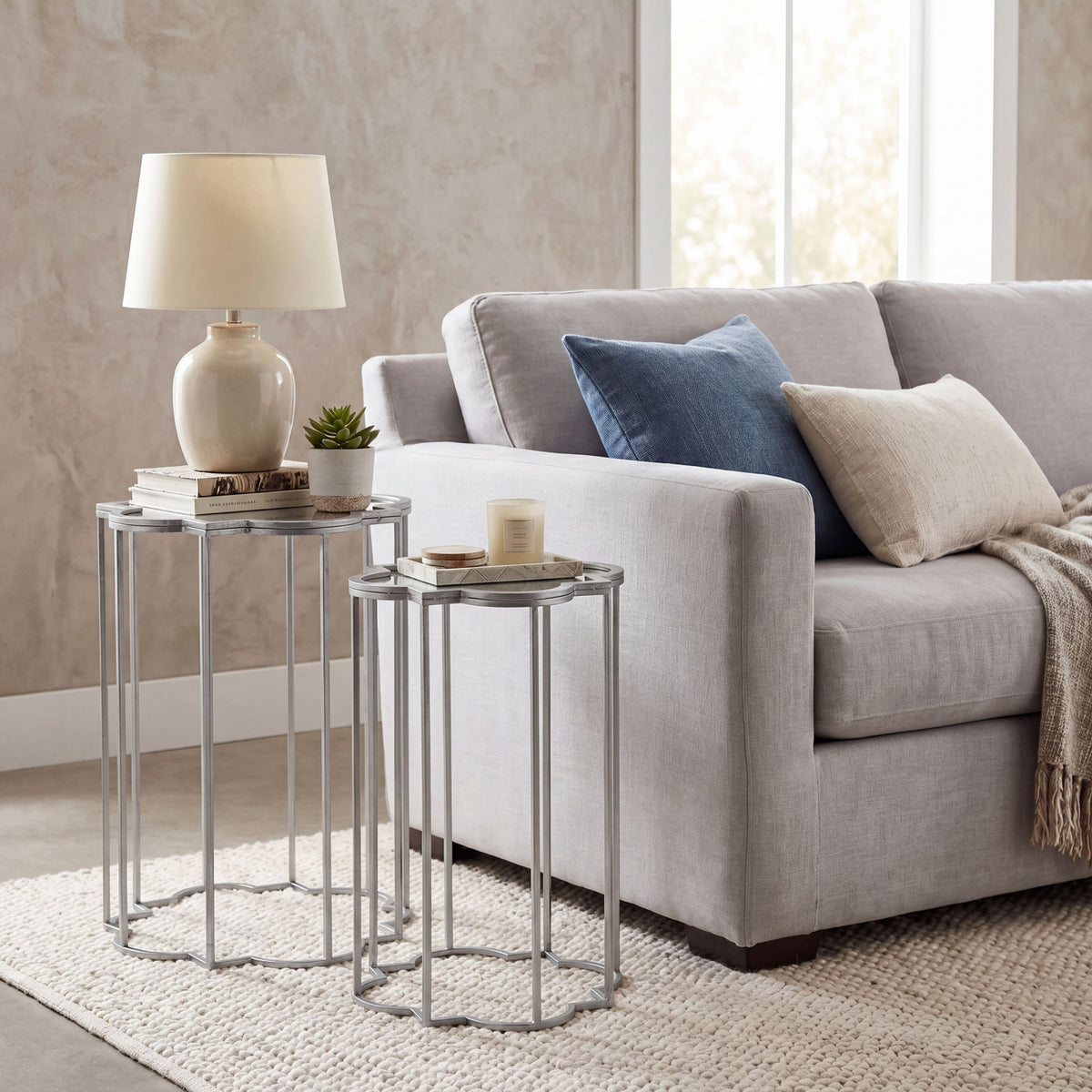 Quarter Foil Mirrored Set Of Two Silver Side Tables