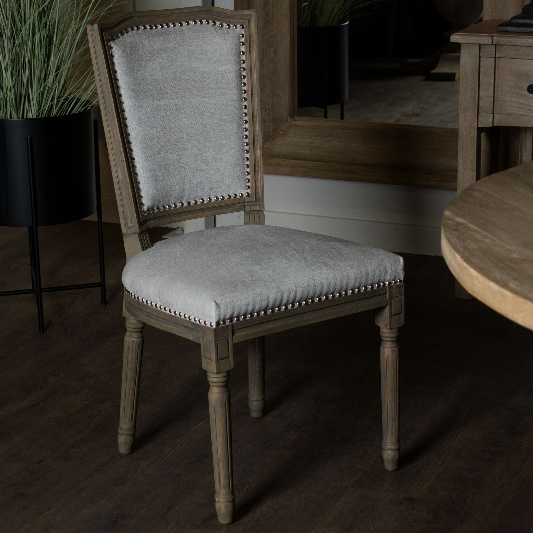 Ripley Grey Dining Chair | Hand-Carved Washed Wood & Woven Fabric Seat