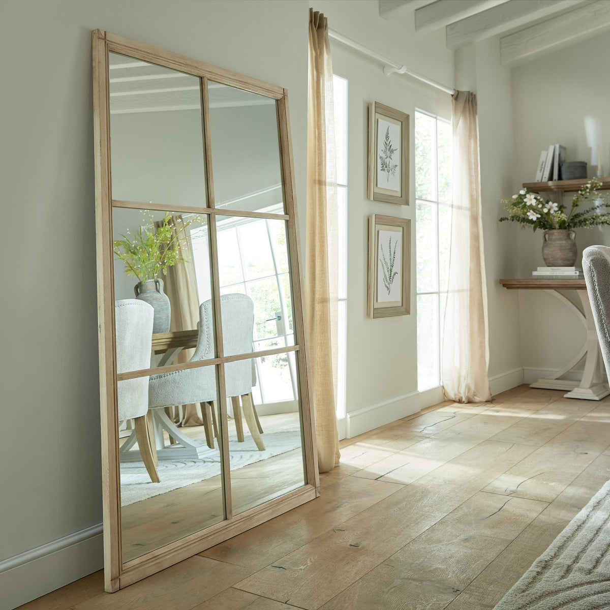 Washed Wood XL Window Mirror with Oversized Grid Frame