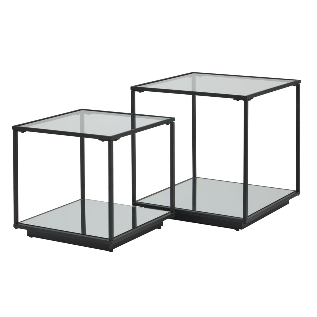 Lennox Black Set of 2 Side Tables with Glass Tops and Metal Frames