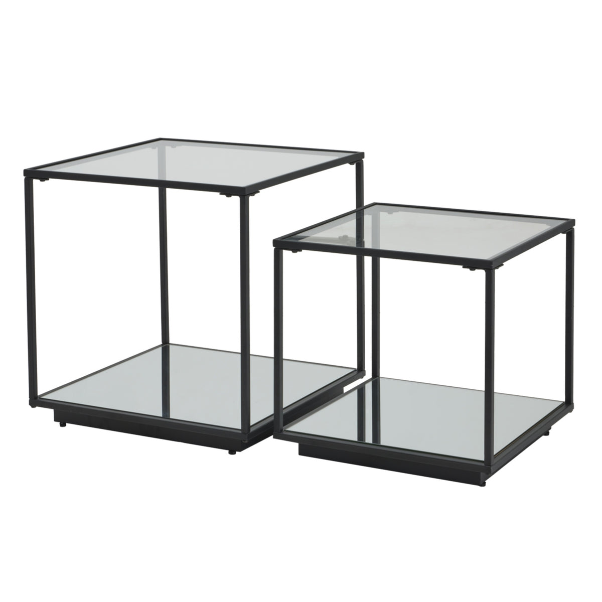 Lennox Black Set of 2 Side Tables with Glass Tops and Metal Frames