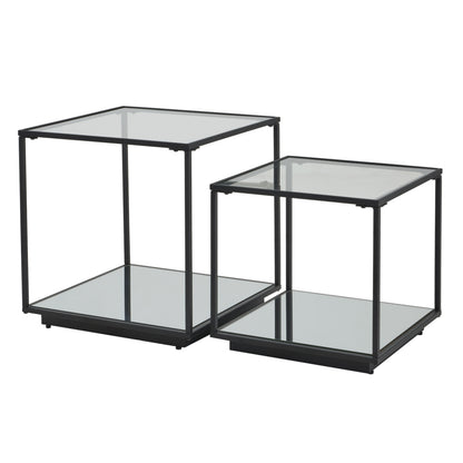 Lennox Black Set of 2 Side Tables with Glass Tops and Metal Frames
