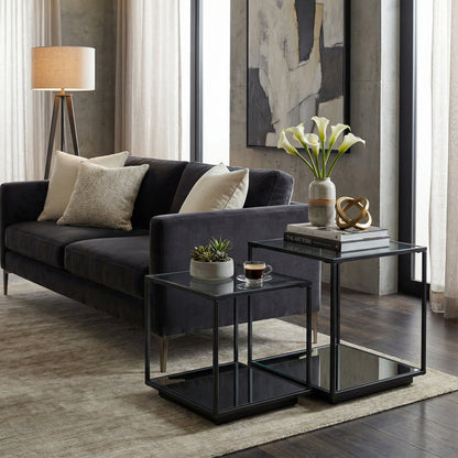 Lennox Black Set of 2 Side Tables with Glass Tops and Metal Frames