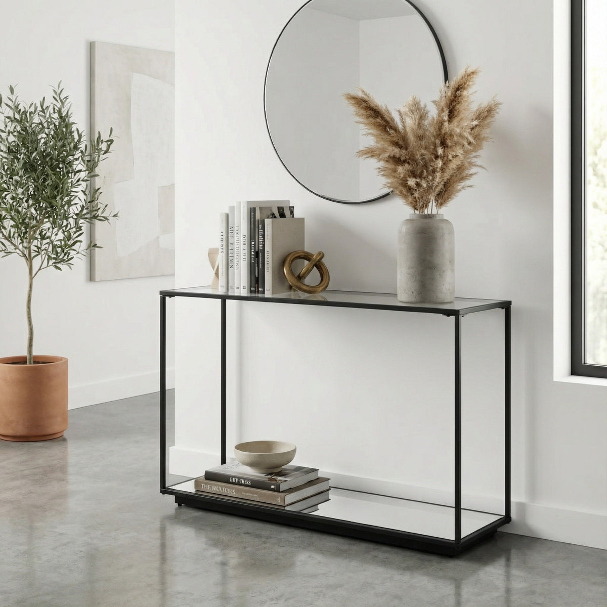 Lennox Black Framed Console Table with Glass Top for Modern Interiors