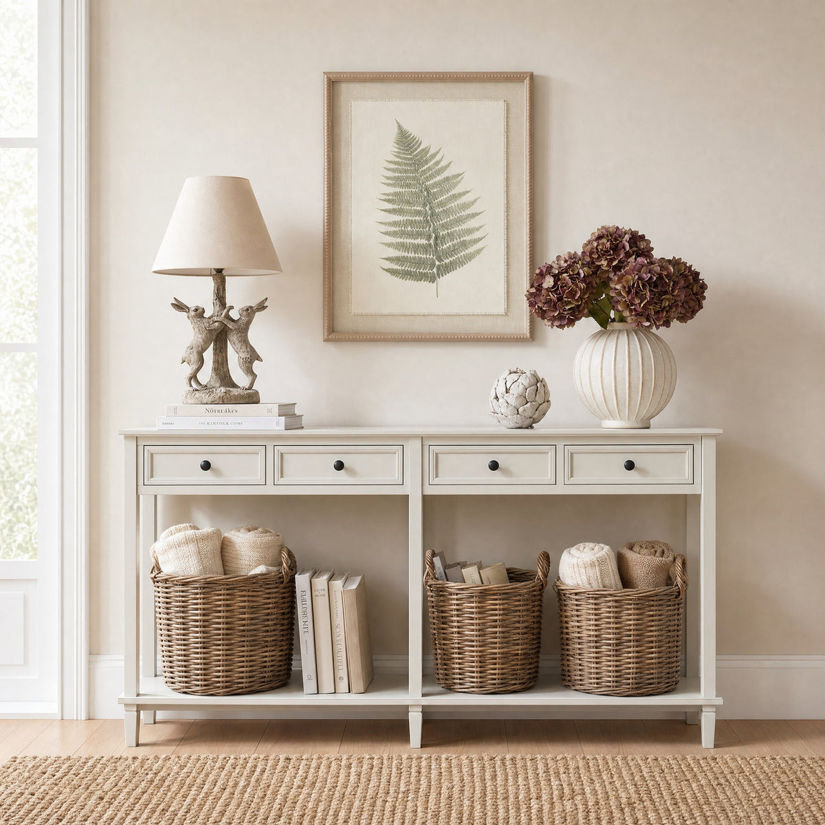 Belmont White 4 Drawer Console Table with Natural Wood Detail