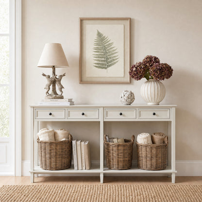 Belmont White 4 Drawer Console Table with Natural Wood Detail