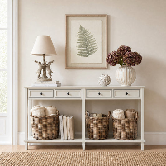 Belmont White 4 Drawer Console Table with Natural Wood Detail