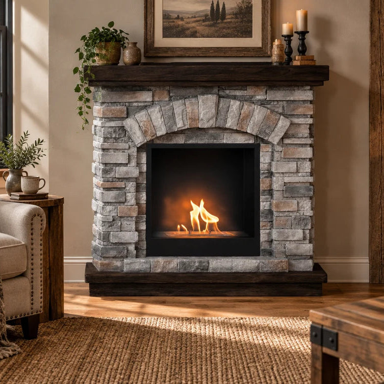 ScandiFlames Ask Bioethanol Fireplace with Rustic Grey Brick Effect Surround