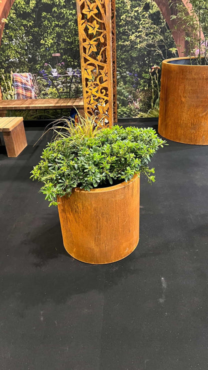 Henley Cylindrical Planter Rustic Patina Steel Outdoor Garden Planter