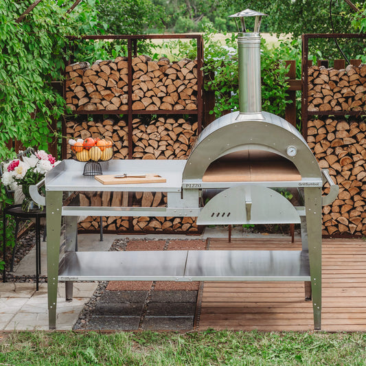 GrillSymbol Wood Fired Pizza Oven with Stand and Side Table Pizzo-XL-Set-inox