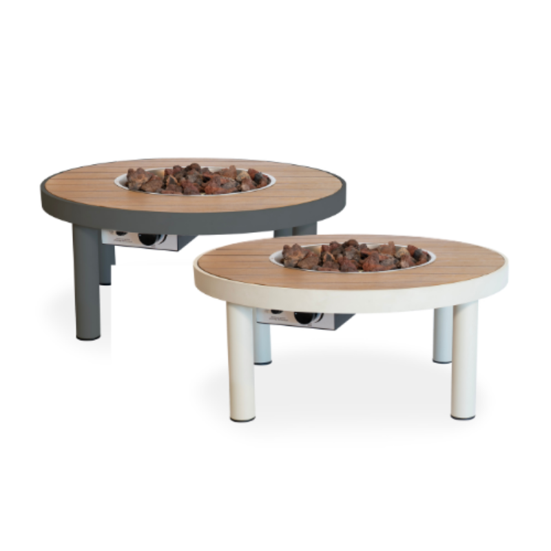 Happy Cocooning, Riviera, 80cm Teak and Aluminium Gas Fire Table  - Oyster Beige