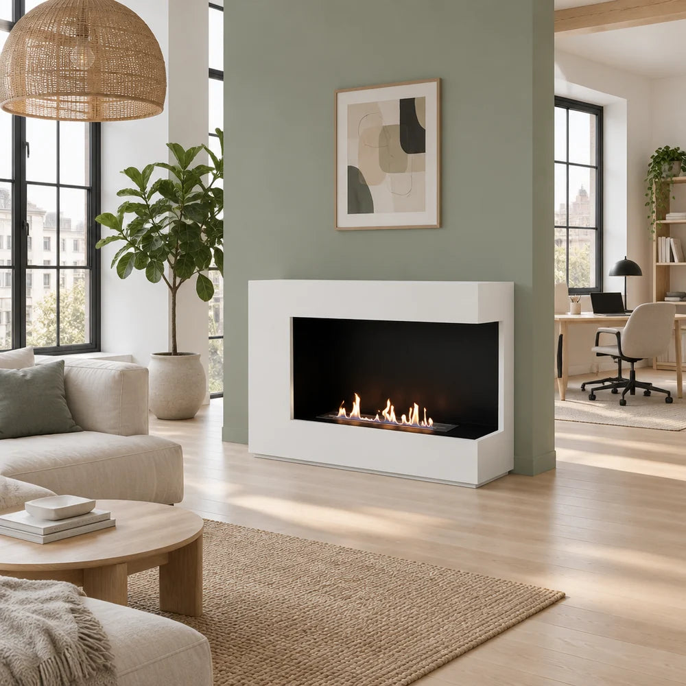 ScandiFlames Seattle White Bioethanol Fireplace with Two Sided Flame View