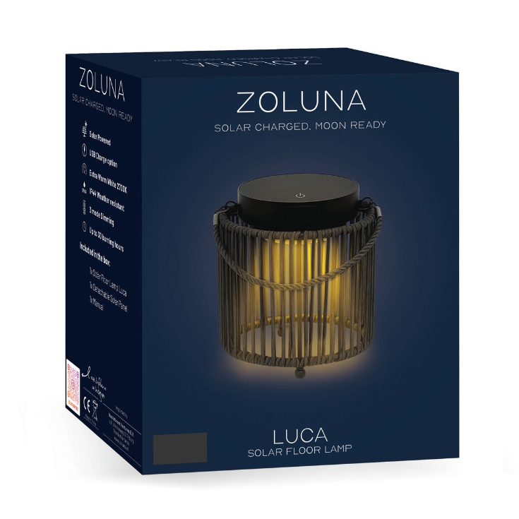 ZOLUNA Luca Deep Coal Solar Lantern | USB Rechargeable Outdoor Lantern with Dimming