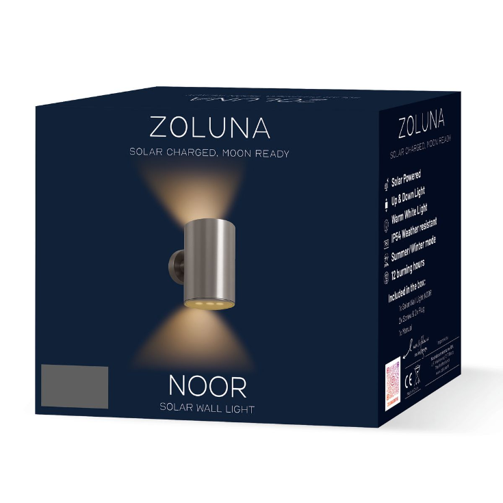ZOLUNA Noor Solar Wall Lamp | Stainless Steel Up & Down Outdoor Light