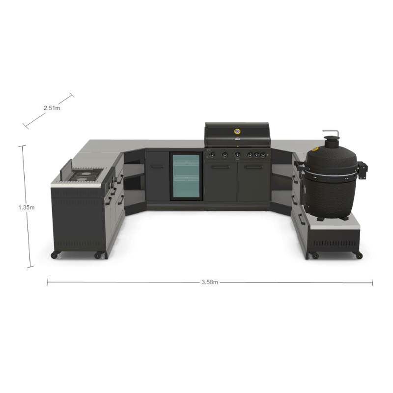 GRLLR Connect L-Shaped Outdoor Kitchen with Kamado Grill, 2-Burner Stove, Fridge, Sink & Modular Units