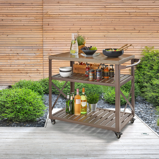 Trolley L Outdoor Serving Station with Wood-Effect Top and Locking Wheels