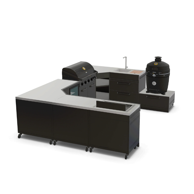 GRLLR Outdoor Kitchen U Shap Sink 5 Burner Fridge and Kamado