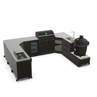 GRLLR Outdoor Kitchen U Shap Sink 5 Burner Fridge and Kamado