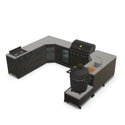GRLLR Outdoor Kitchen U Shap Sink 5 Burner Fridge and Kamado