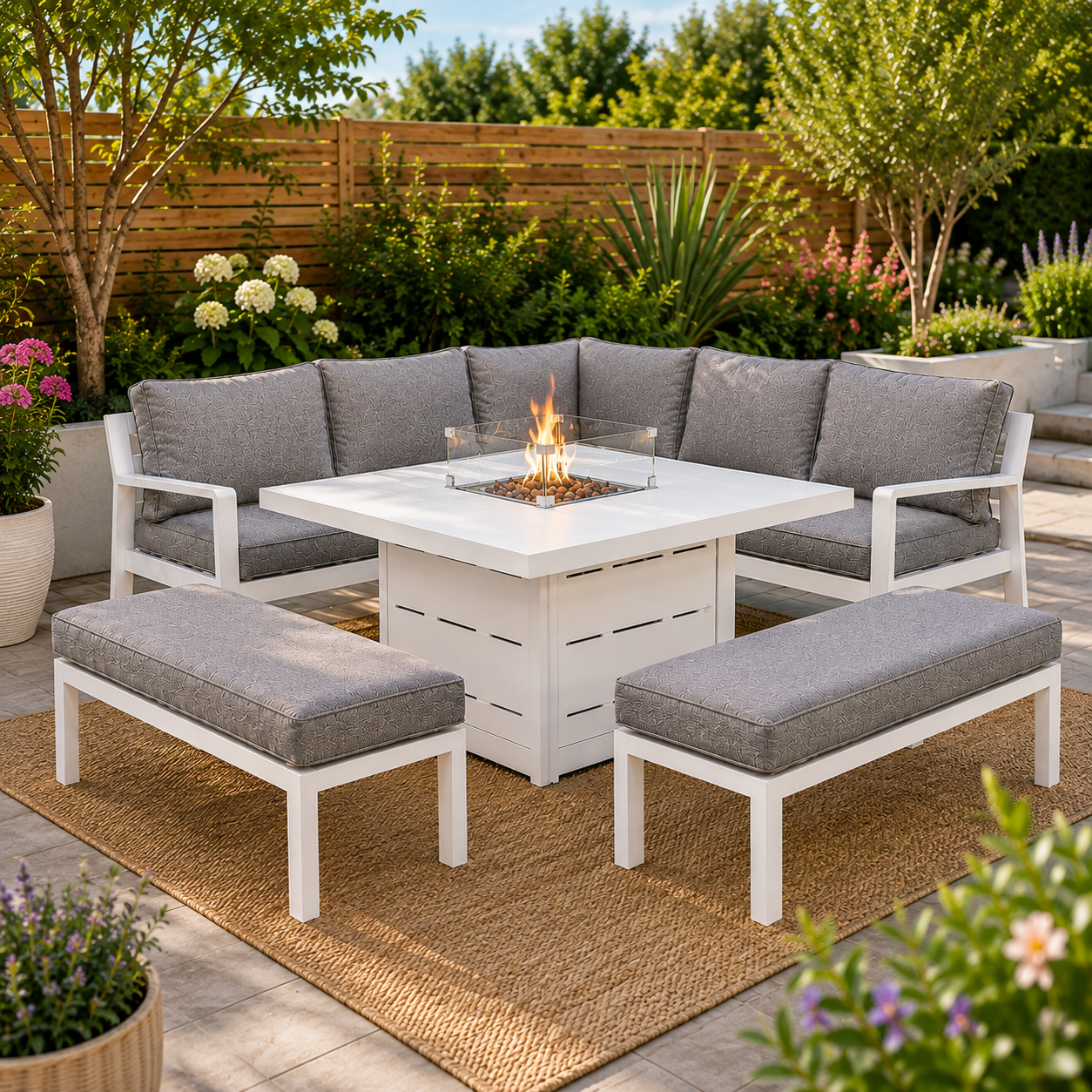 Hex Living Fireside Set in Porcelain White with Gas Fire Pit Table