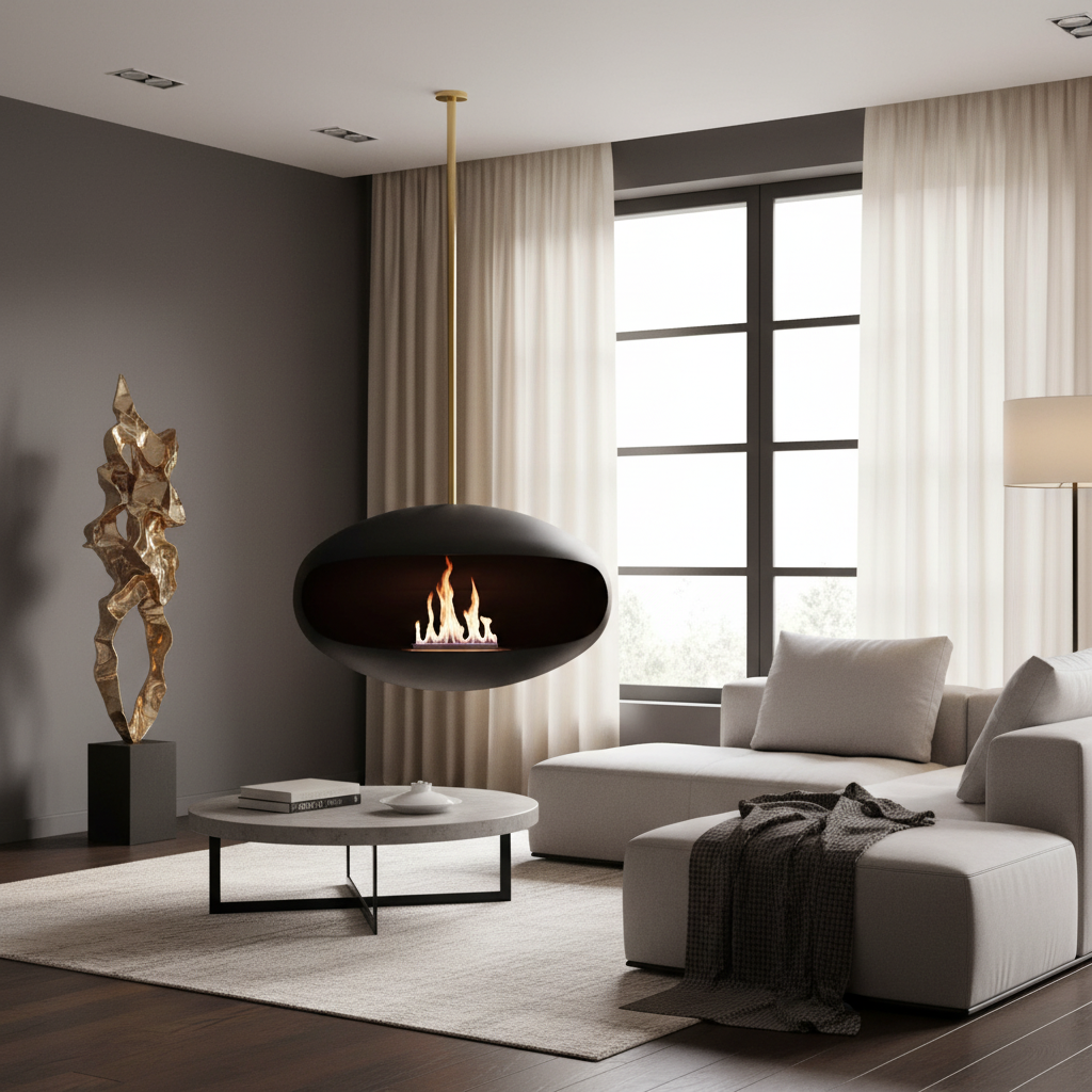 Cocoon Aeris Bioethanol Fireplace Black Brass Rod Ceiling Mounted