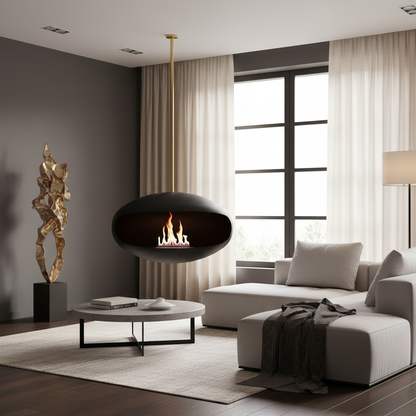 Cocoon Aeris Bioethanol Fireplace Black Brass Rod Ceiling Mounted