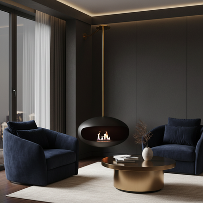 Cocoon Aeris Bioethanol Fireplace Black Brass Rod Ceiling Mounted