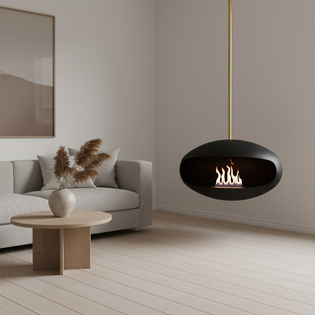 Cocoon Aeris Bioethanol Fireplace Black Brass Rod Ceiling Mounted