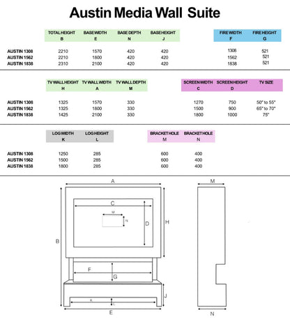 Hestia 1562 Electric Fire with Austin Media Wall Suite