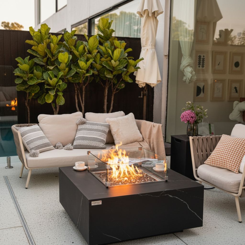 Elementi Plus, Sofia, Fire Table, Marble, Porcelain Outdoor, 60,000 BTU