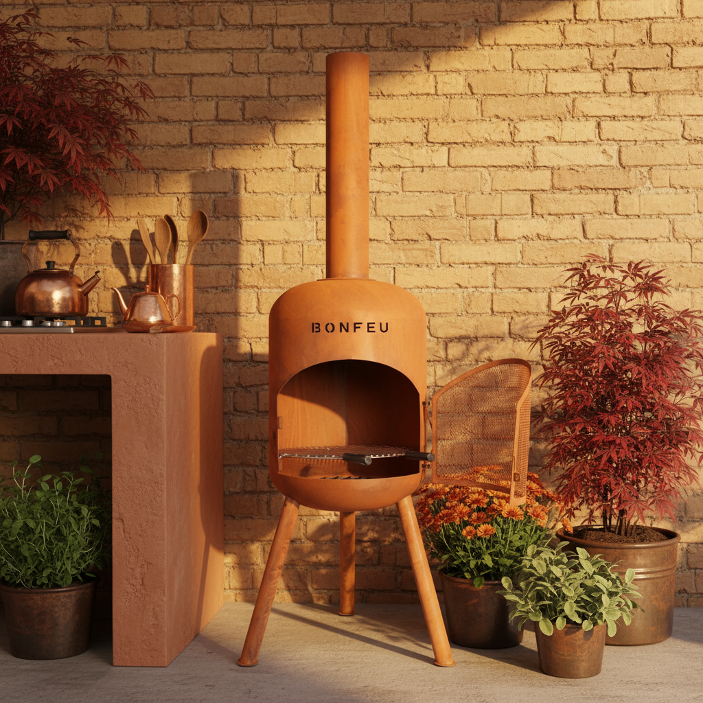BonFeu BonBono Outdoor Fireplace & Grill – Rust Corten Steel Garden Fire Pit
