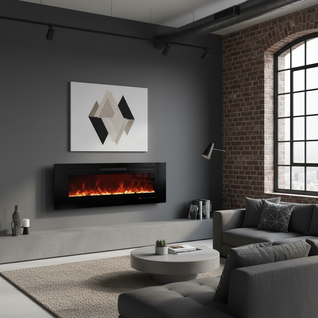Built-in electric fireplace in loft accent wall