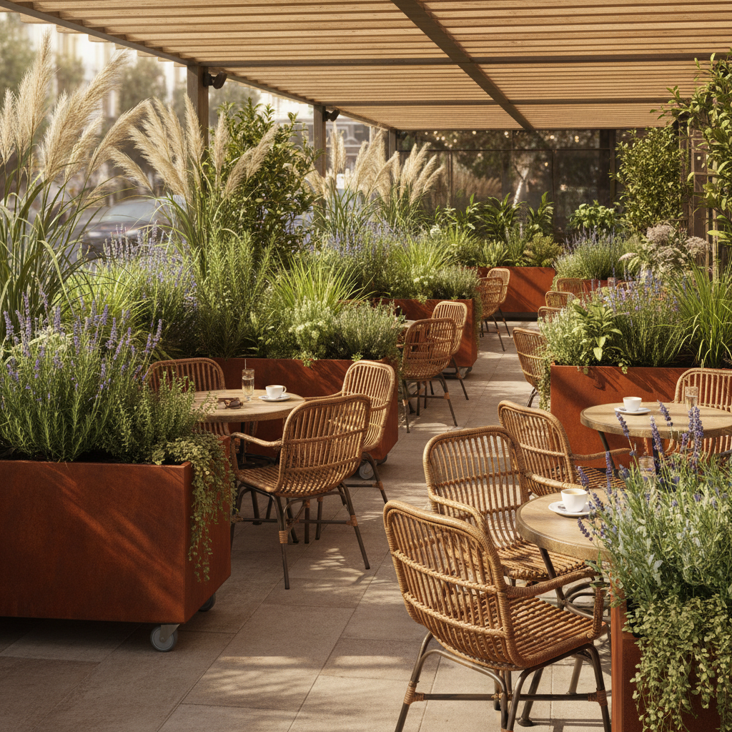 Corten Steel Café Planter Trough with Castors UK