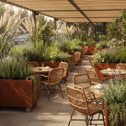 Corten Steel Café Planter Trough with Castors UK