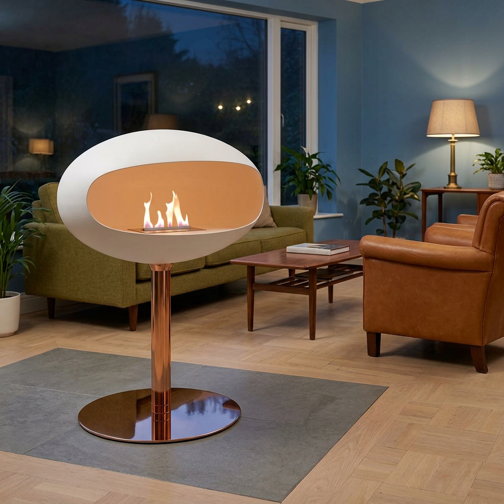 Cocoon Fires Pedestal White Bioethanol Fireplace with Copper Base