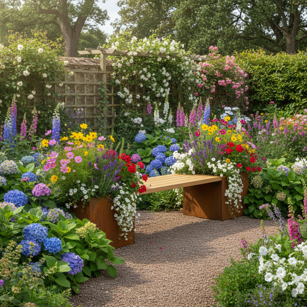 Corten Steel & Timber Bench Planter for Home & Commercial Spaces