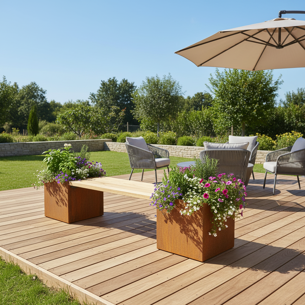 Corten Steel & Timber Bench Planter for Home & Commercial Spaces
