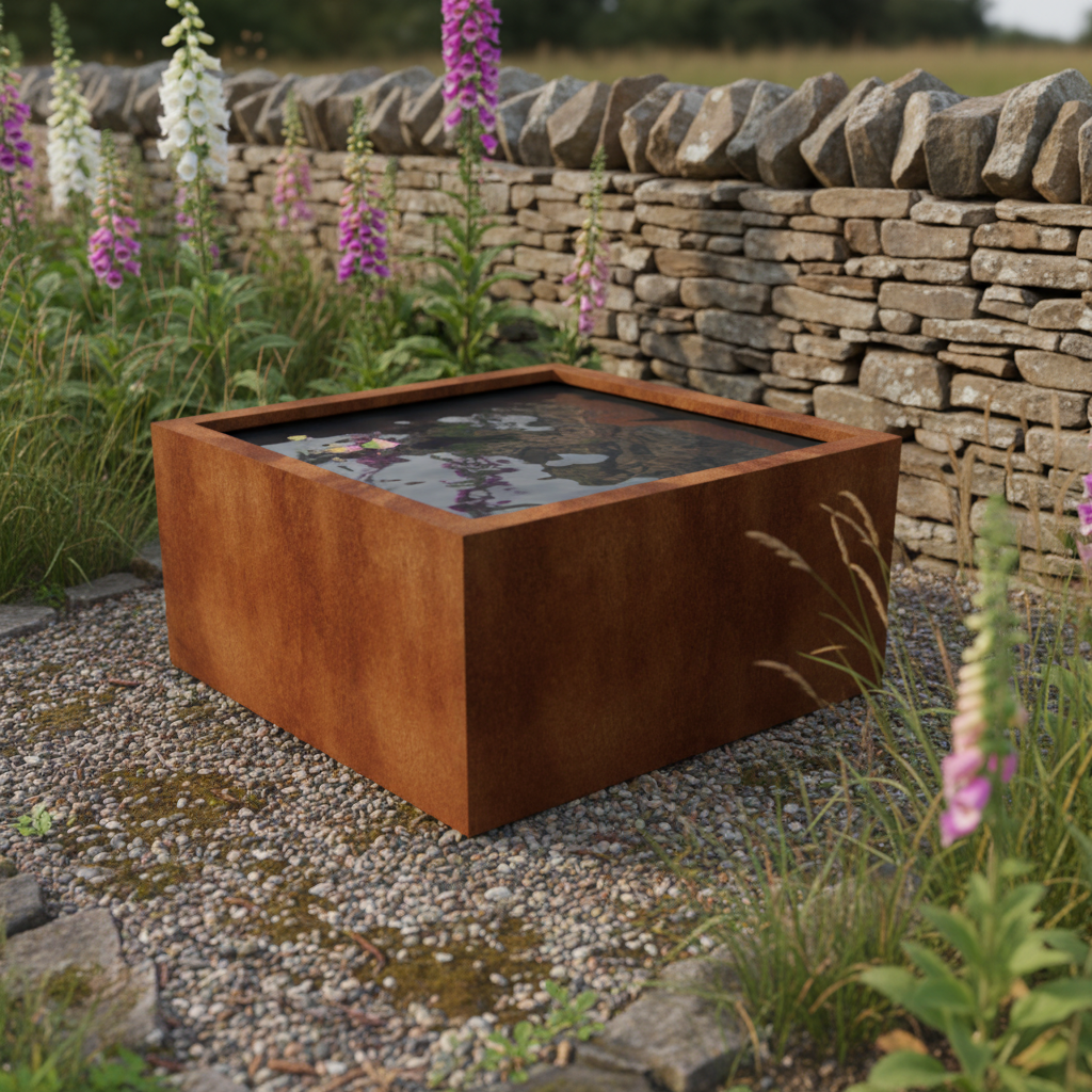 Handmade Corten Steel Cube Pond | British Made Garden Water Feature