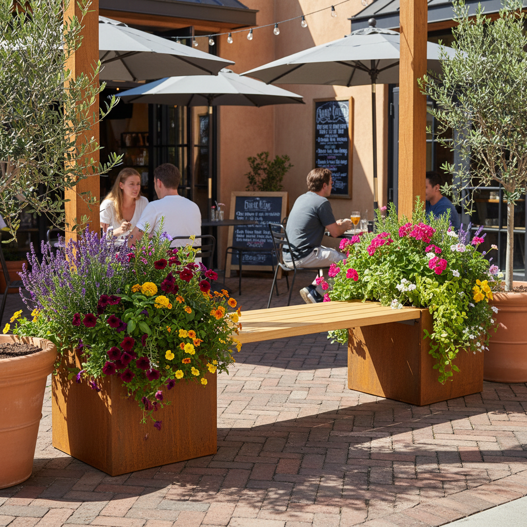 Corten Steel & Timber Bench Planter for Home & Commercial Spaces